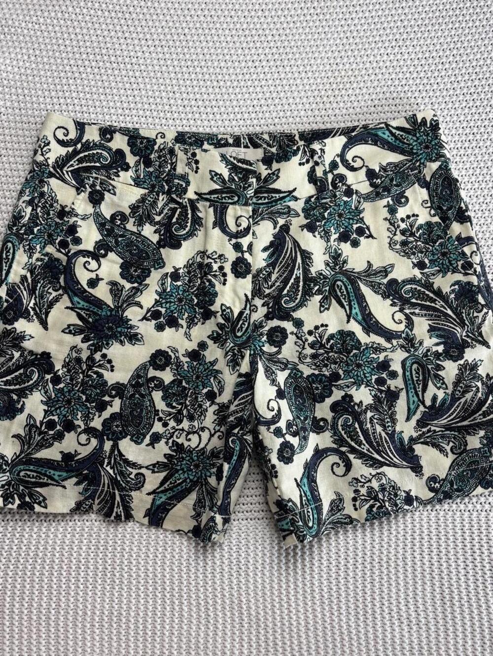 paisley linen coastal shorts ann taylor loft blue cream sz 2